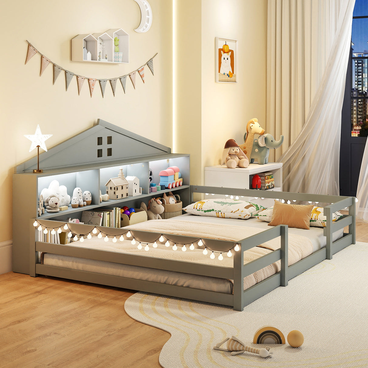 Full Size Montessori Floor Bed with Storage Compartments and Shelf-Gray