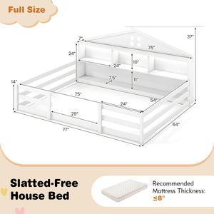 Full Size Montessori Floor Bed with Storage Compartments and Shelf-White