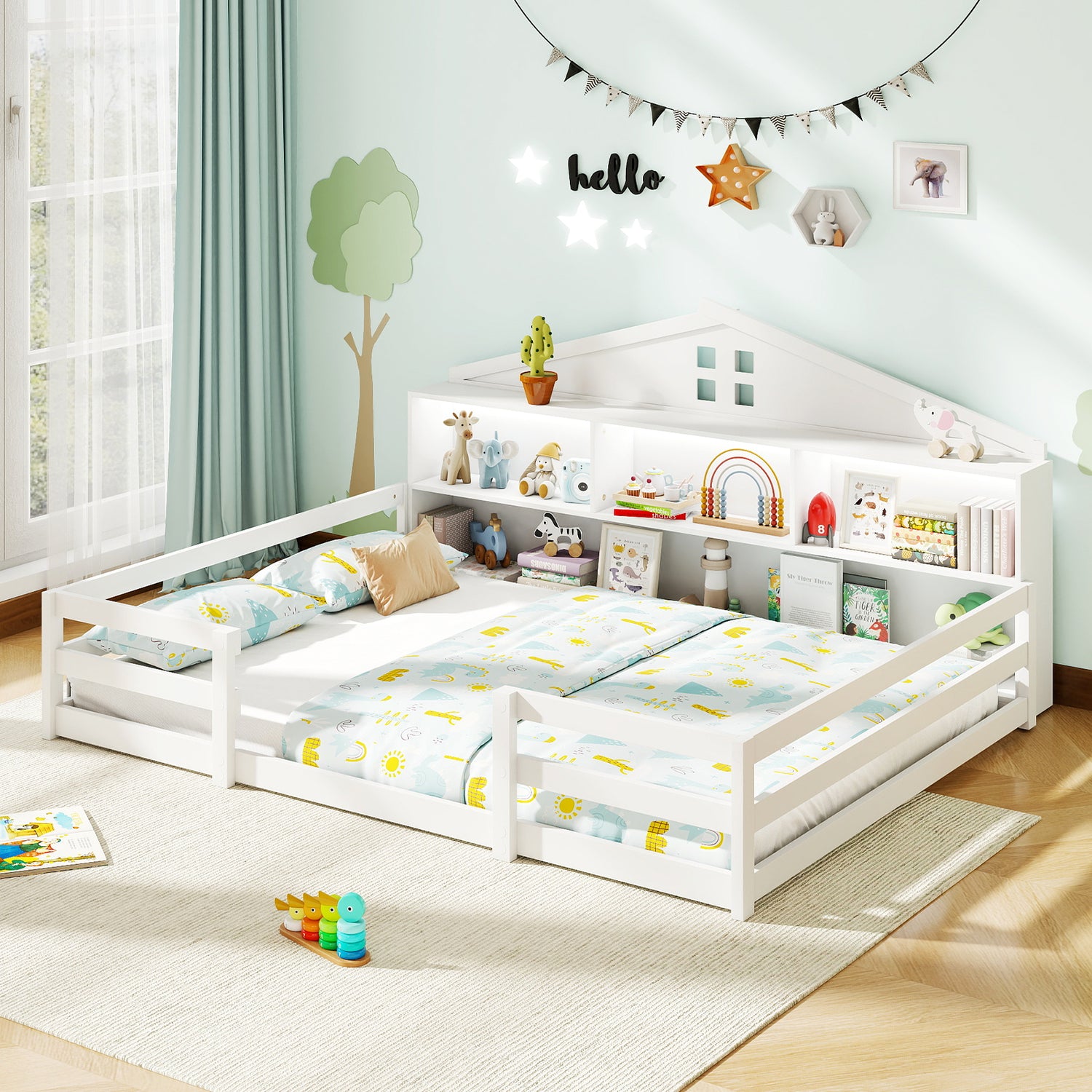 Full Size Montessori Floor Bed with Storage Compartments and Shelf-White