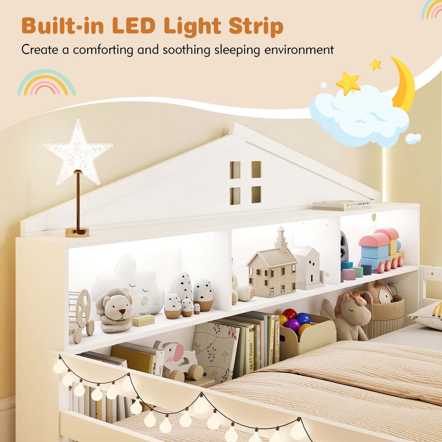 Full Size Montessori Floor Bed with Storage Compartments and Shelf-White