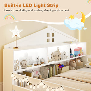 Full Size Montessori Floor Bed with Storage Compartments and Shelf-White