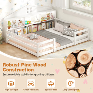 Full Size Montessori Floor Bed with Storage Compartments and Shelf-White