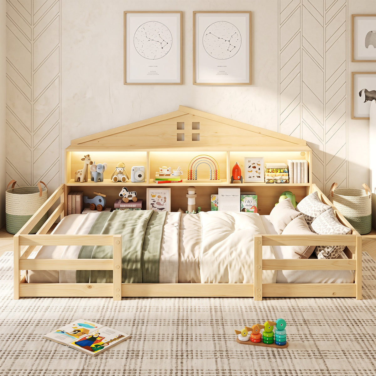 Full Size Montessori Floor Bed with Storage Compartments and Shelf-Natural