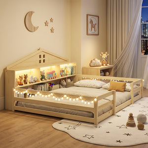 Full Size Montessori Floor Bed with Storage Compartments and Shelf-Natural