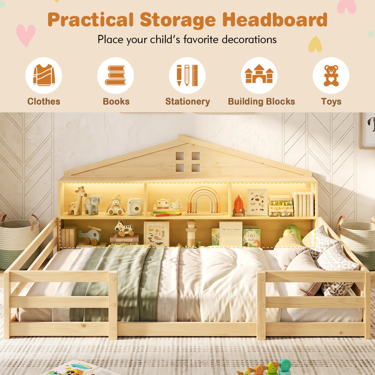 Full Size Montessori Floor Bed with Storage Compartments and Shelf-Natural