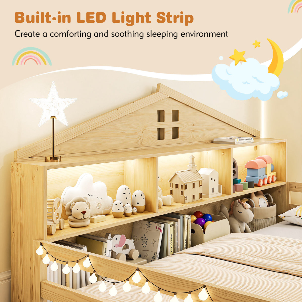 Full Size Montessori Floor Bed with Storage Compartments and Shelf-Natural