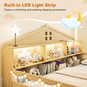 Full Size Montessori Floor Bed with Storage Compartments and Shelf-Natural