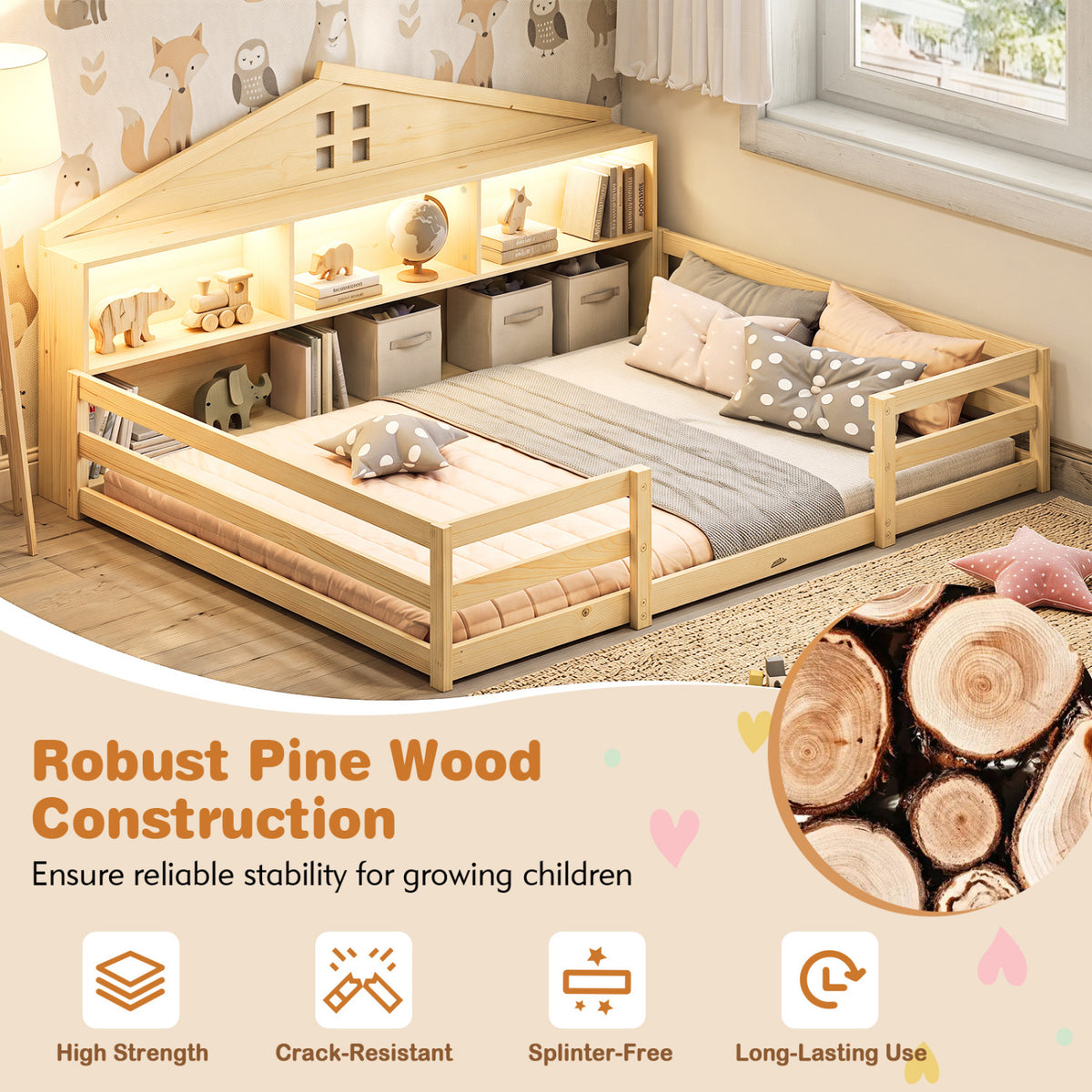 Full Size Montessori Floor Bed with Storage Compartments and Shelf-Natural