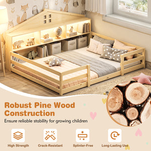Full Size Montessori Floor Bed with Storage Compartments and Shelf-Natural