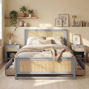 Full Size Rattan Bed Frame with Storage Drawers-Gray
