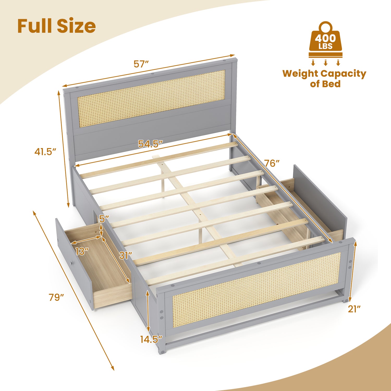 Full Size Rattan Bed Frame with Storage Drawers-Gray