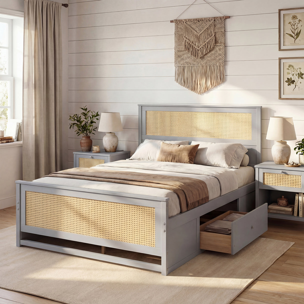 Full Size Rattan Bed Frame with Storage Drawers-Gray