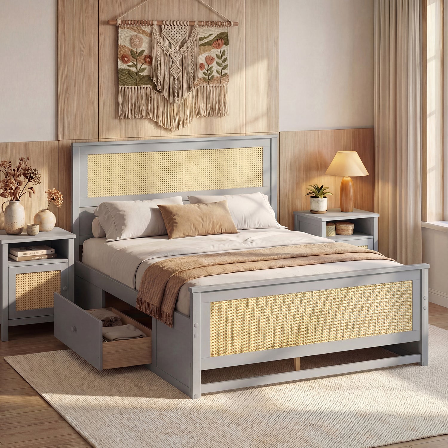 Full Size Rattan Bed Frame with Storage Drawers-Gray