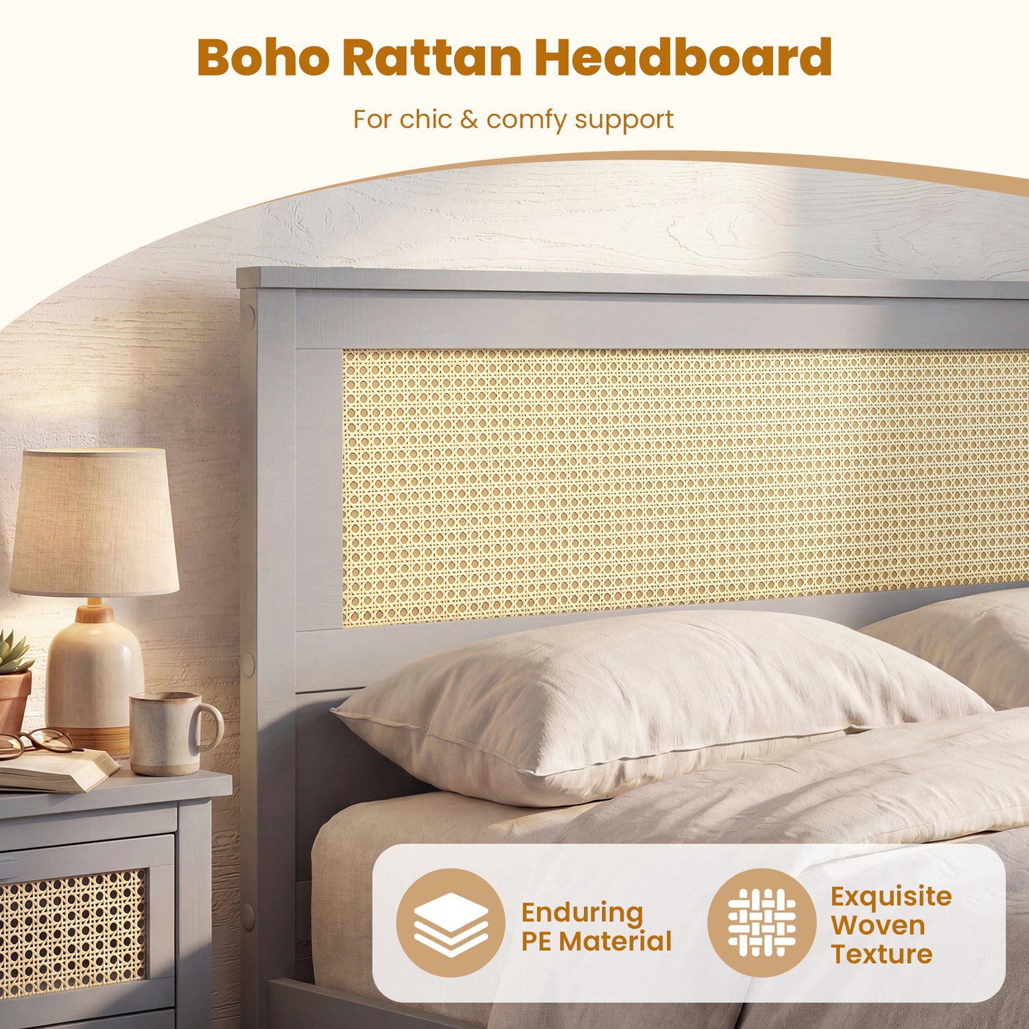 Full Size Rattan Bed Frame with Storage Drawers-Gray