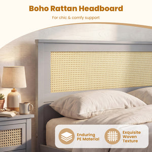 Full Size Rattan Bed Frame with Storage Drawers-Gray