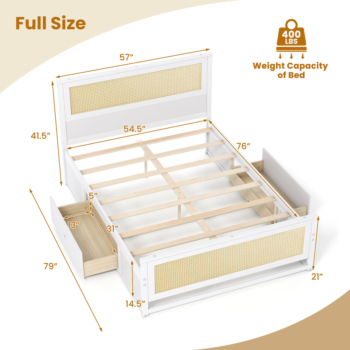Full Size Rattan Bed Frame with Storage Drawers-White
