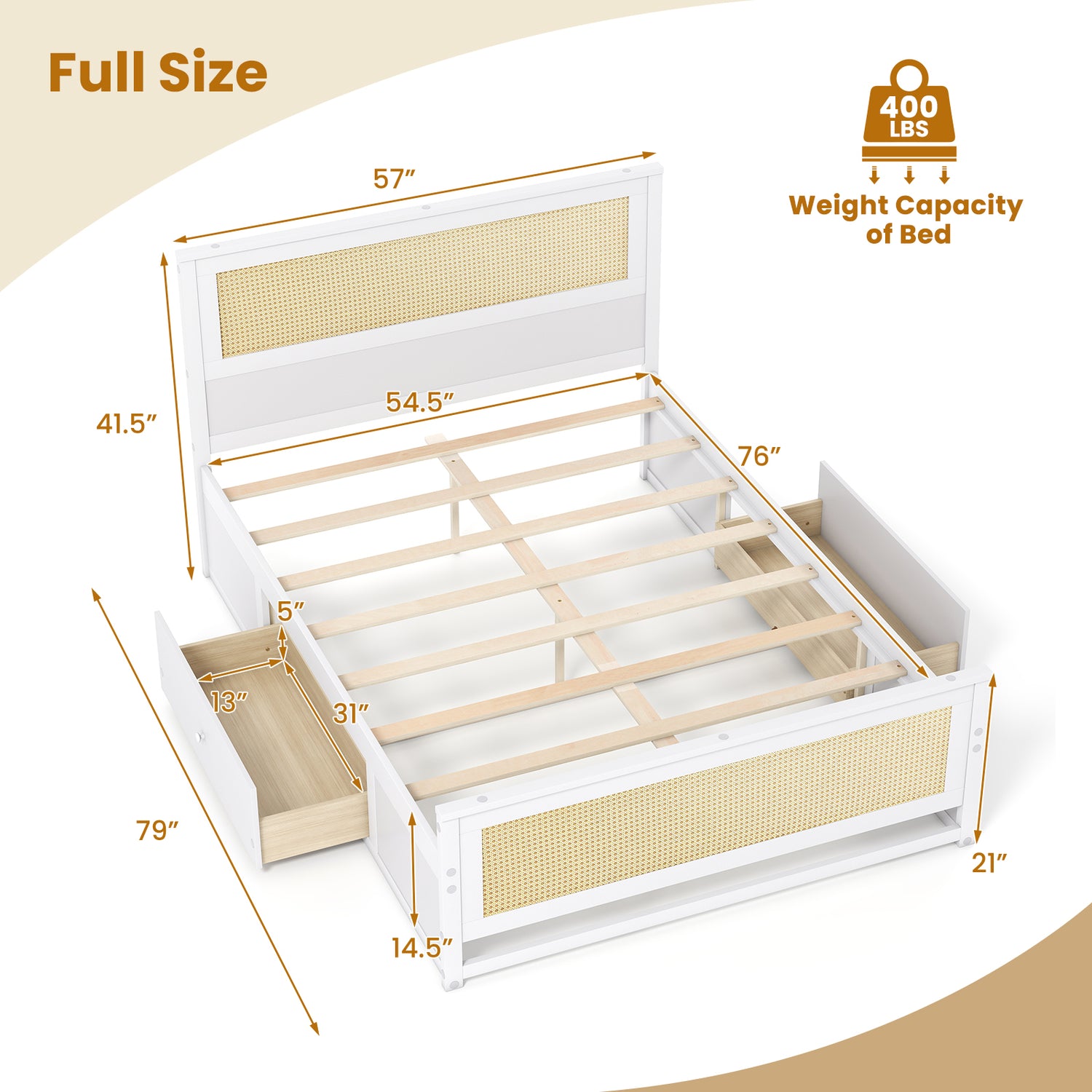 Full Size Rattan Bed Frame with Storage Drawers-White
