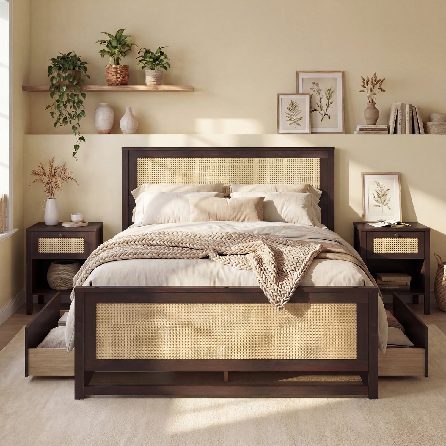 Full Size Rattan Bed Frame with Storage Drawers-Rustic Brown
