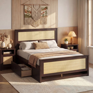 Full Size Rattan Bed Frame with Storage Drawers-Rustic Brown