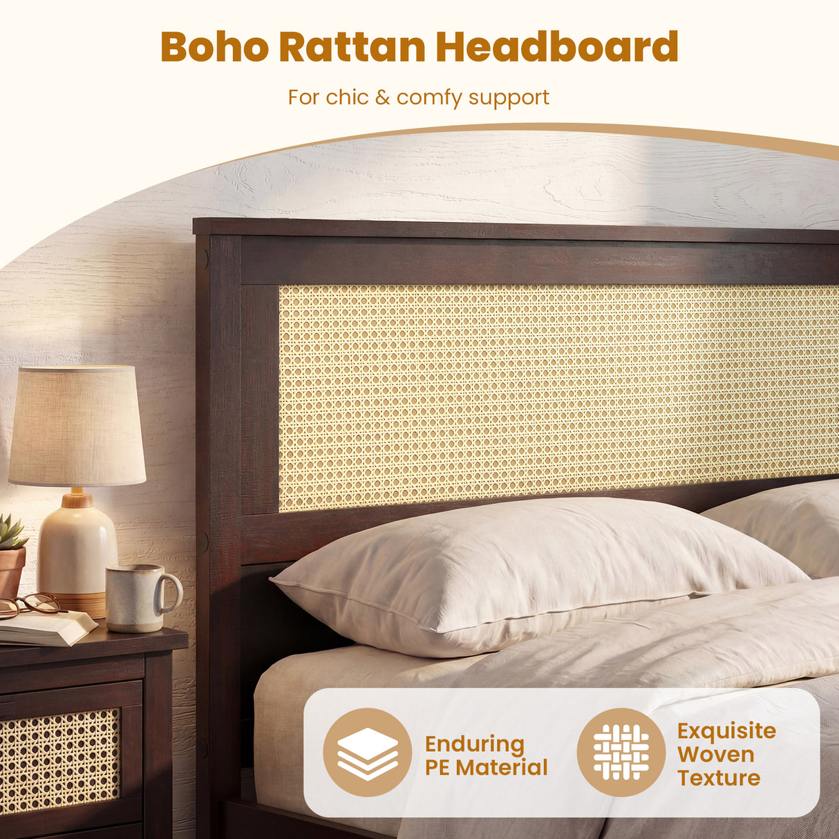 Full Size Rattan Bed Frame with Storage Drawers-Rustic Brown
