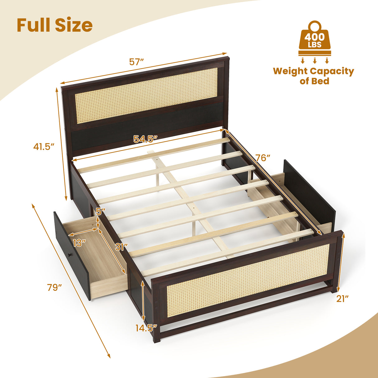 Full Size Rattan Bed Frame with Storage Drawers-Rustic Brown