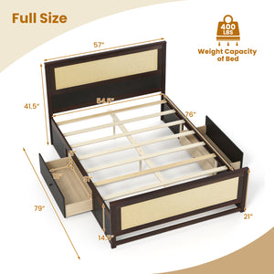Full Size Rattan Bed Frame with Storage Drawers-Rustic Brown