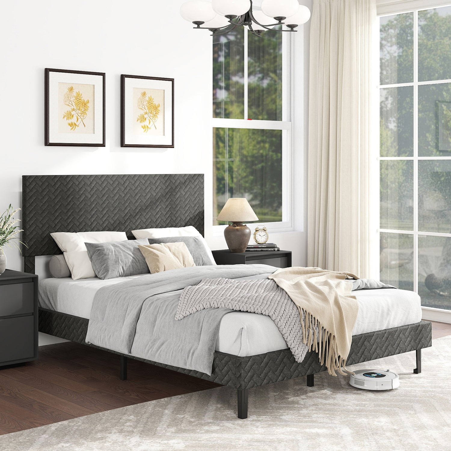 Full Size Velvet Bed Frame Upholstered Platform Bed with Chevron Headboard Gray