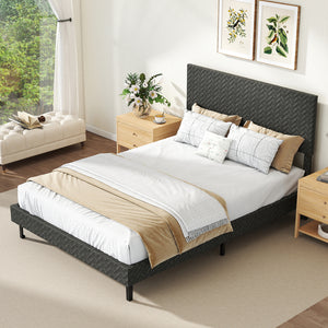 Full Size Velvet Bed Frame Upholstered Platform Bed with Chevron Headboard Gray