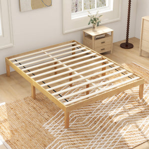 Full Size Wood Bed Frame with Wooden Slats Support and Rubber Wood Legs-Natural