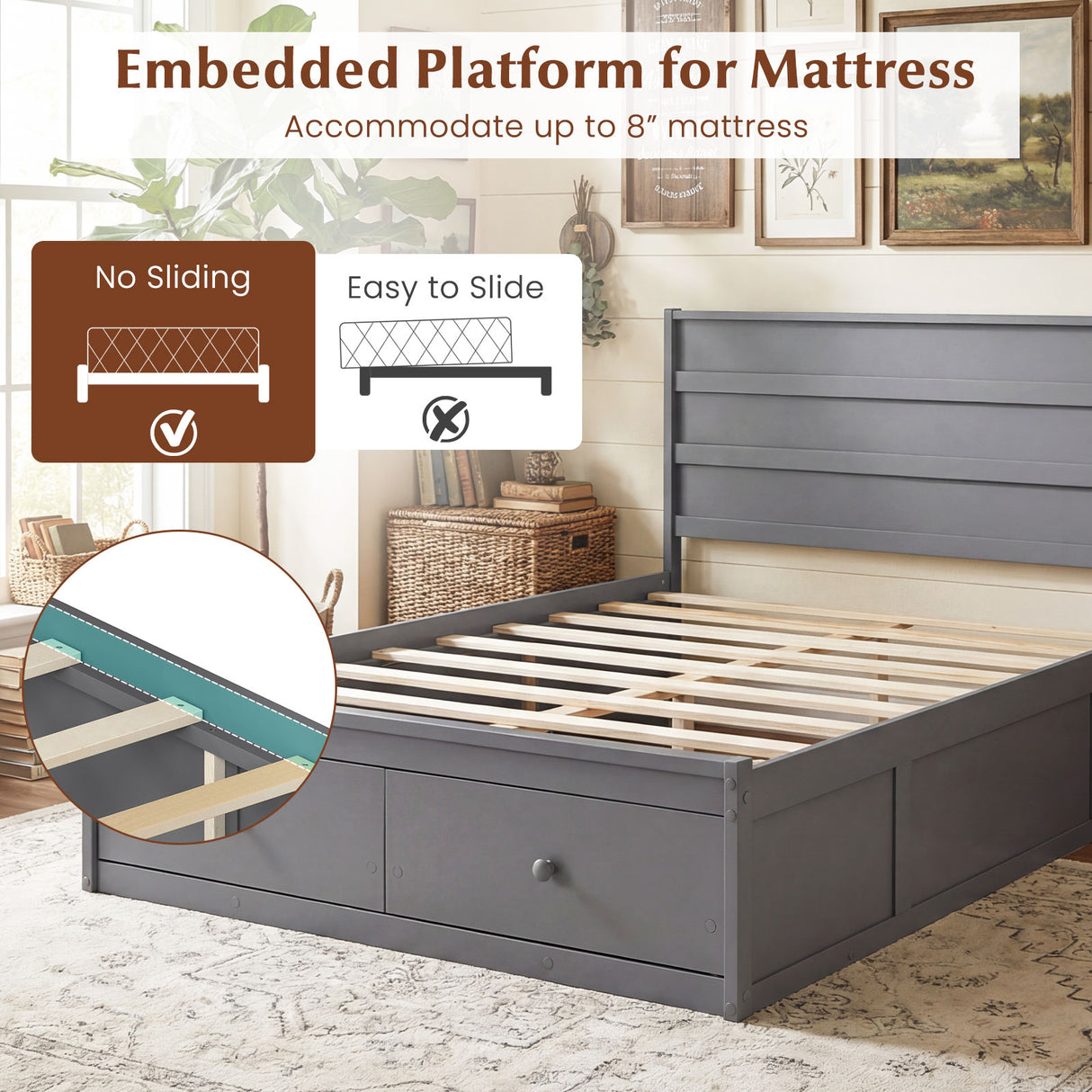 Full Size Wooden Platform Bed Frame with Storage Drawers-Gray