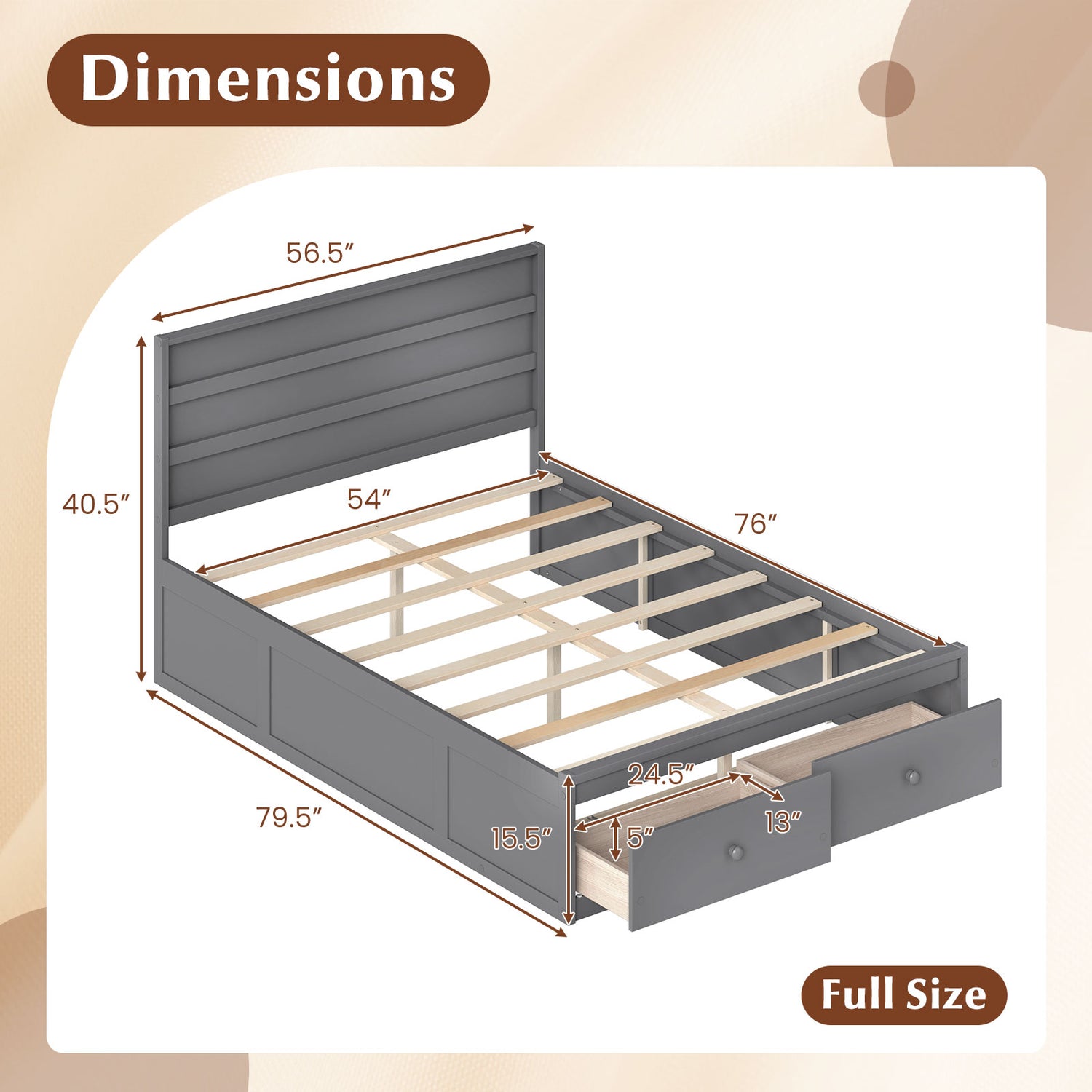 Full Size Wooden Platform Bed Frame with Storage Drawers-Gray