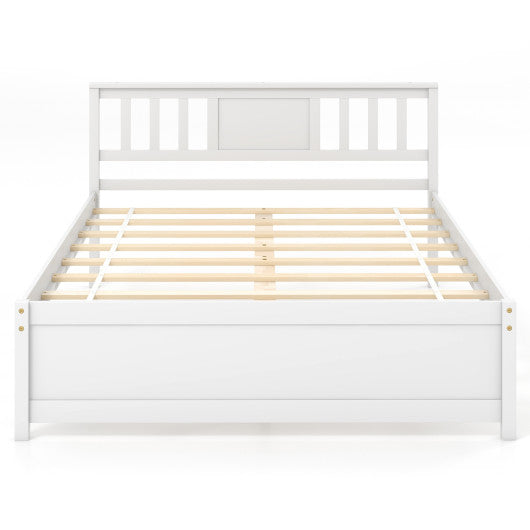Wooden Platform Bed with Headboard and Wood Slat Support White-Full Size