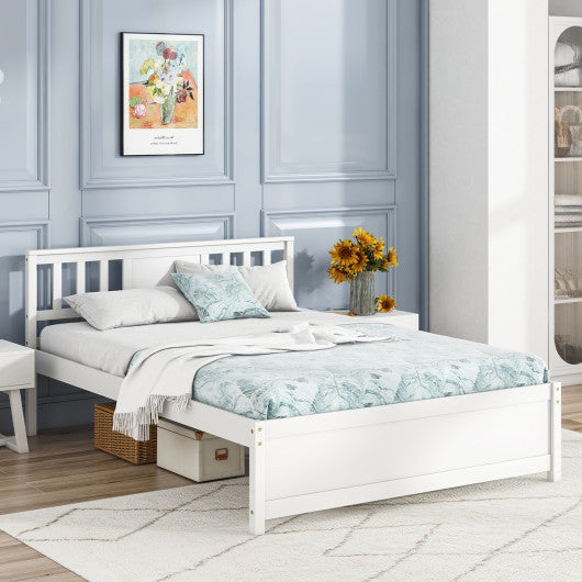 Wooden Platform Bed with Headboard and Wood Slat Support White-Full Size
