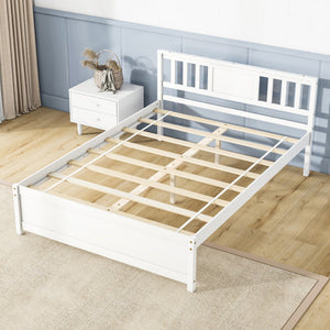 Wooden Platform Bed with Headboard and Wood Slat Support White-Full Size
