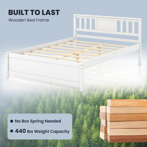 Wooden Platform Bed with Headboard and Wood Slat Support White-Full Size