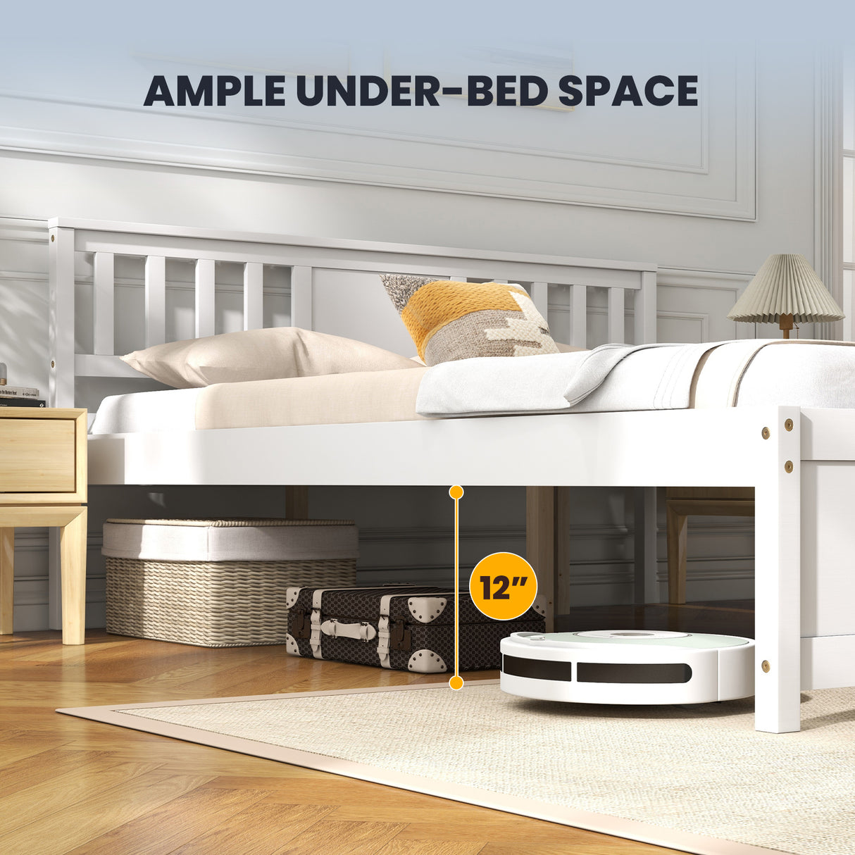 Wooden Platform Bed with Headboard and Wood Slat Support White-Full Size