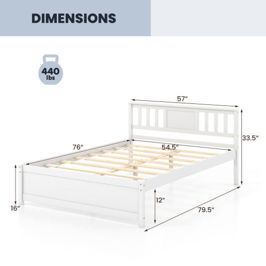 Wooden Platform Bed with Headboard and Wood Slat Support White-Full Size