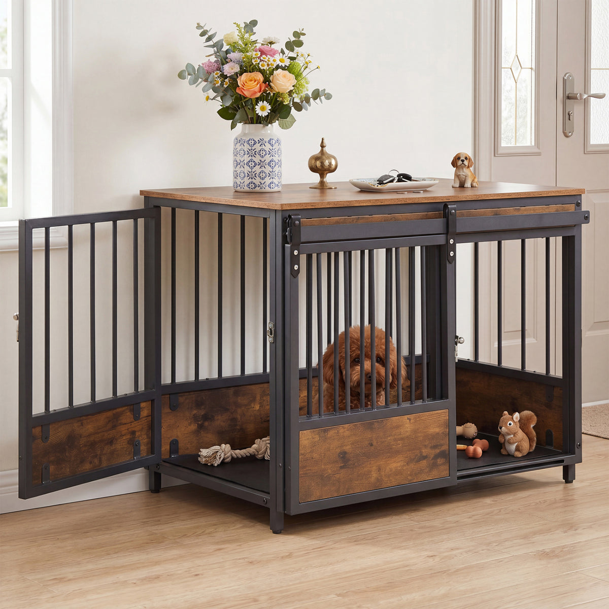 Furniture Style Dog Crate with 2 Doors and Safety Latch and Dog Mat-Rustic Brown