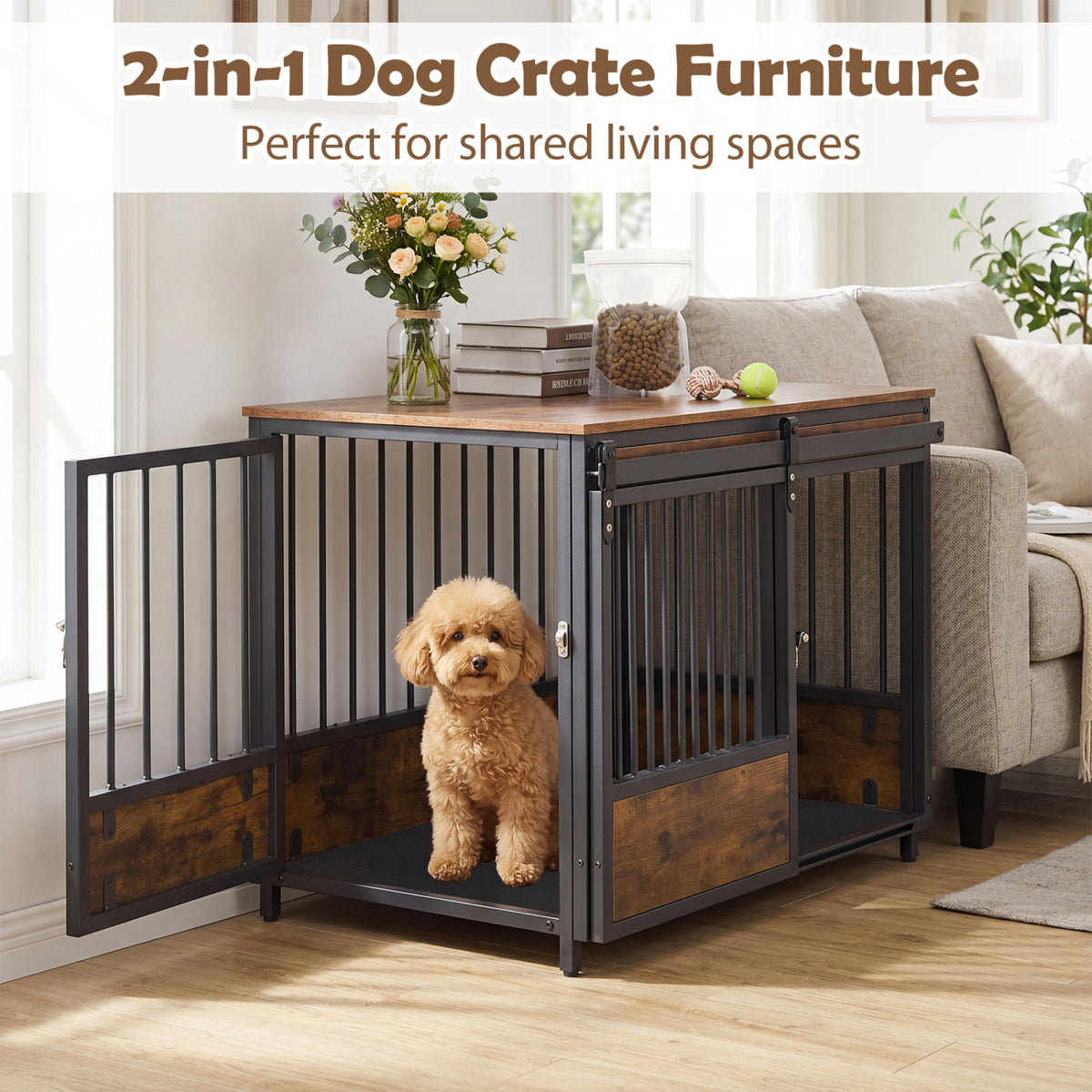Furniture Style Dog Crate with 2 Doors and Safety Latch and Dog Mat-Rustic Brown
