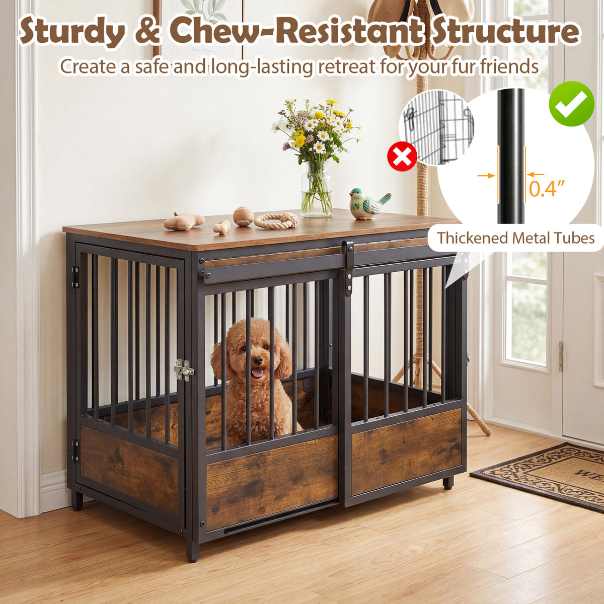 Furniture Style Dog Crate with 2 Doors and Safety Latch and Dog Mat-Rustic Brown