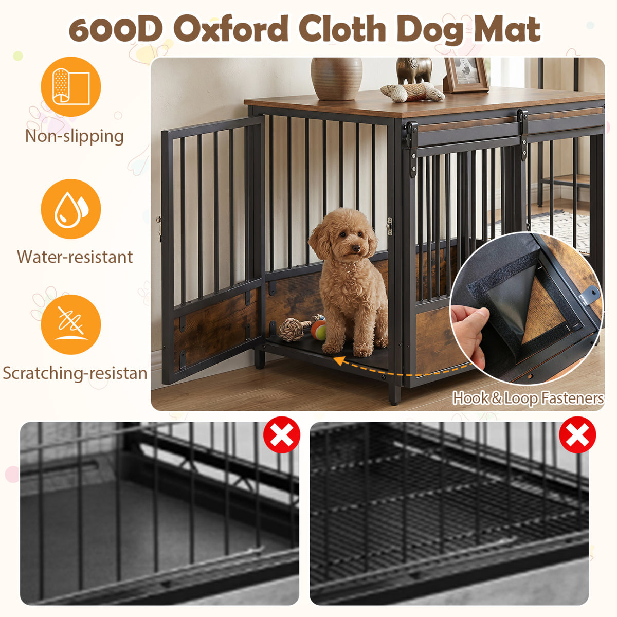 Furniture Style Dog Crate with 2 Doors and Safety Latch and Dog Mat-Rustic Brown