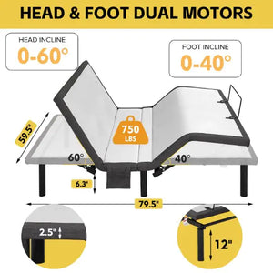 Ergonomic Queen Size Adjustable Bed, Zero Gravity Base For Stress Management Head And Foot Incline, Wireless Remote Control, Massage, Under Bed Nightlight, And USB Ports