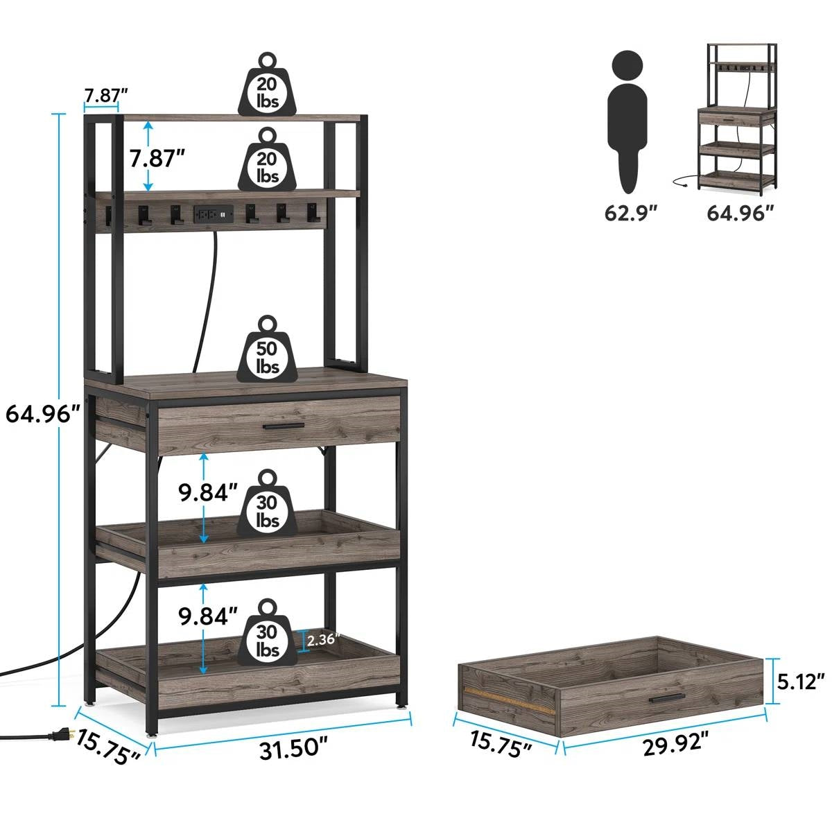 Grey Modern Baker's Rack Kitchen Shelving Unit with Pull-Out Shelves and Drawer