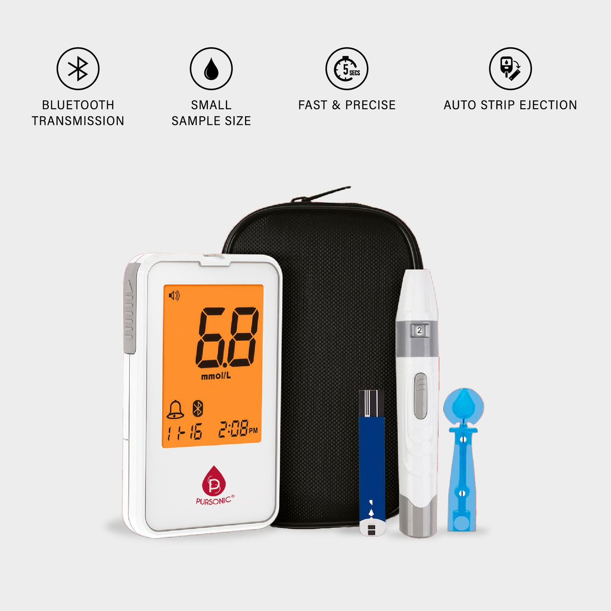 Pursonic Blood Glucose Monitoring Bundle – Glucose Meter with Bluetooth + 50 Test Strips + 50 Sterile Lancets by Pursonic