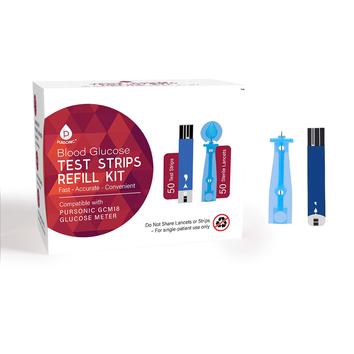 Pursonic Blood Glucose Test Strips Refill Kit – 50 Test Strips + 50 Sterile Lancets by Pursonic