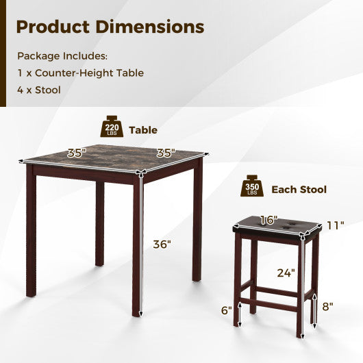 5-Piece Bar Table Set Counter-Height Dining Table and 4 Bar Stools-Brown