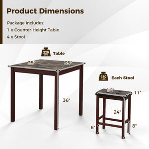 5-Piece Bar Table Set Counter-Height Dining Table and 4 Bar Stools-Brown
