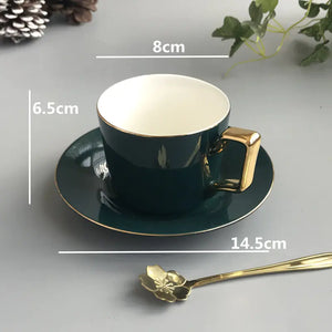 Dark Green Ceramic Coffee Cup with Spoon and Saucer