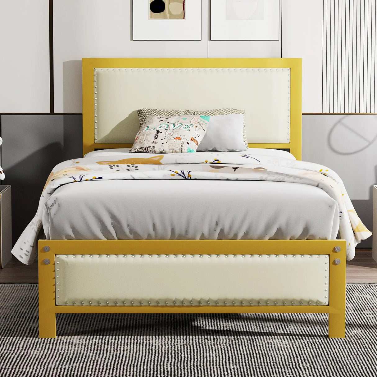 VECELO Twin Size Bed Frame with Headboard Heavy-Duty Upholstered Platform with Strong Metal Slats No Box Spring Needed Easy Assembly Golden