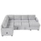 The 108" Pull-Out Sleeper Sofa Couches by ModernLuxe is a spacious, light gray upholstered modular sectional that features tufted cushions and one armrest. Designed with modern aesthetics in mind, it offers neatly arranged seating sections suitable for a contemporary living room setting and includes USB and Type-C interfaces for added convenience.